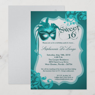 5x7 Teal Masquerade Mask 16 Birthday Invitation