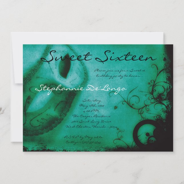 5x7 Teal Masquerade Sweet 16 Birthday Invitation (Front)