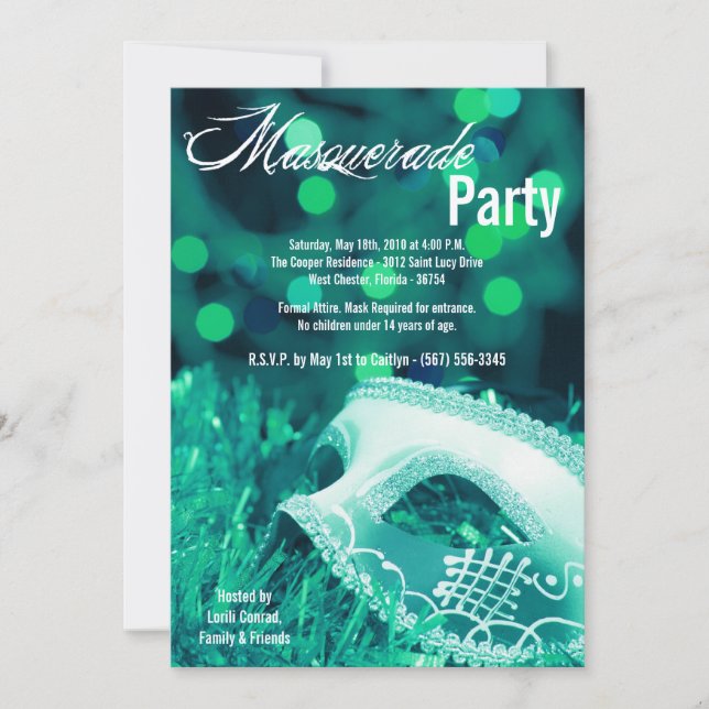 5x7 Teal Masquerade Sweet 16 Birthday Invitation (Front)