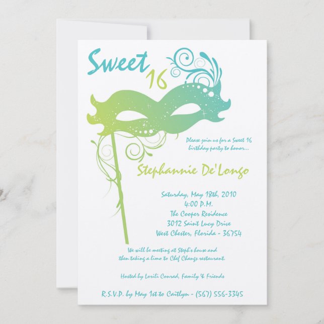 5x7 Teal Masquerade Sweet 16 Birthday Invitation (Front)