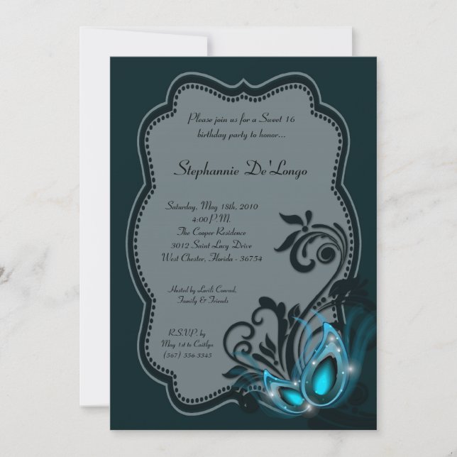 5x7 Teal Masquerade Sweet 16 Birthday Invitation (Front)