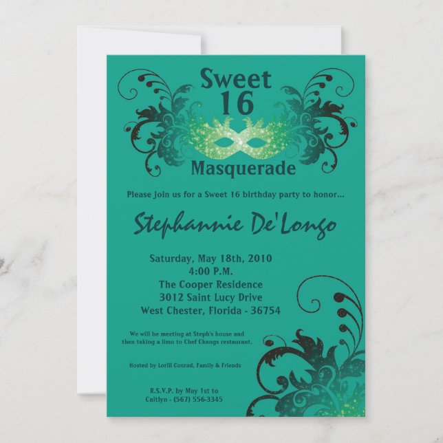5x7 Teal Masquerade Sweet 16 Birthday Invitation (Front)