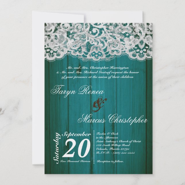 5x7 Teal Wood and Lace Wedding Invitation (Front)