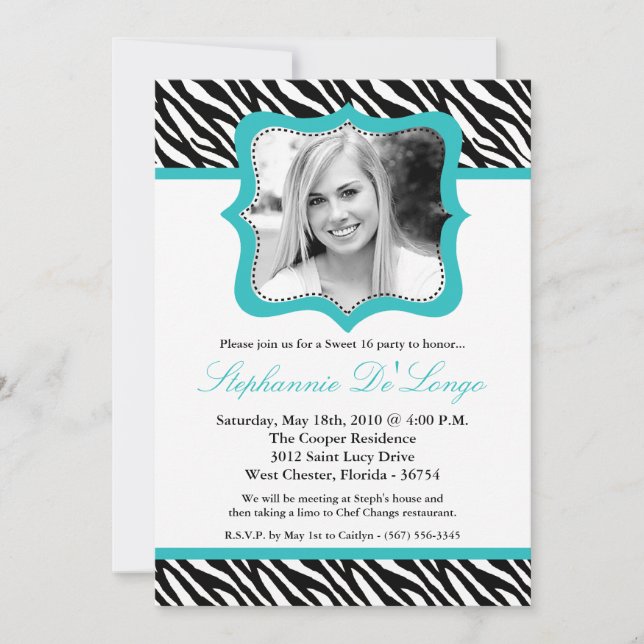 5x7 Teal Zebra PHOTO Sweet 16 Birthday Invitation (Front)