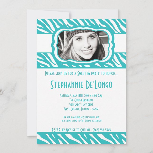 5x7 Teal Zebra PHOTO Sweet 16 Birthday Invitation (Front)