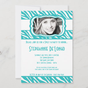 5x7 Teal Zebra PHOTO Sweet 16 Birthday Invitation