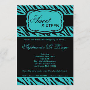 5x7 Teal Zebra Print Birthday Party Invitation