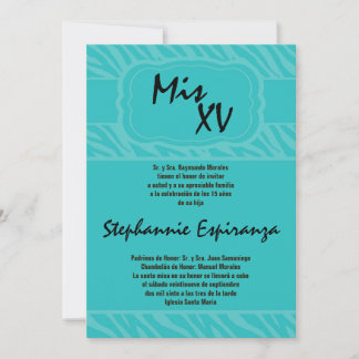 5x7 Teal Zebra Print Quinceanera 15 Invitation