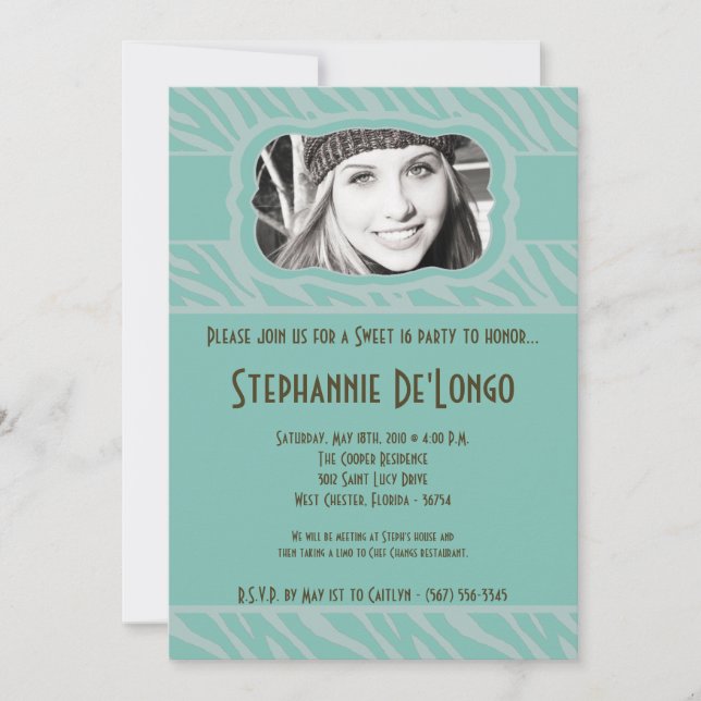 5x7 Tiff Zebra PHOTO Sweet 16 Birthday Invitation (Front)