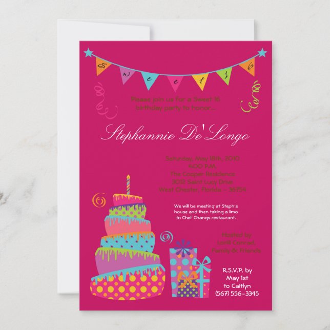 5x7 Topsey Turvy Cake Sweet 16 Birthday Invitation (Front)