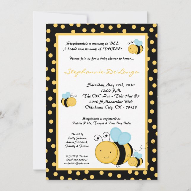 5x7 TRIPLETHoney Bumble Bee Baby Shower Invitation (Front)