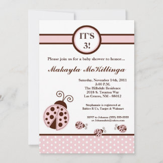 5x7 TRIPLETS Pink Lady Bug Baby Shower Invitation