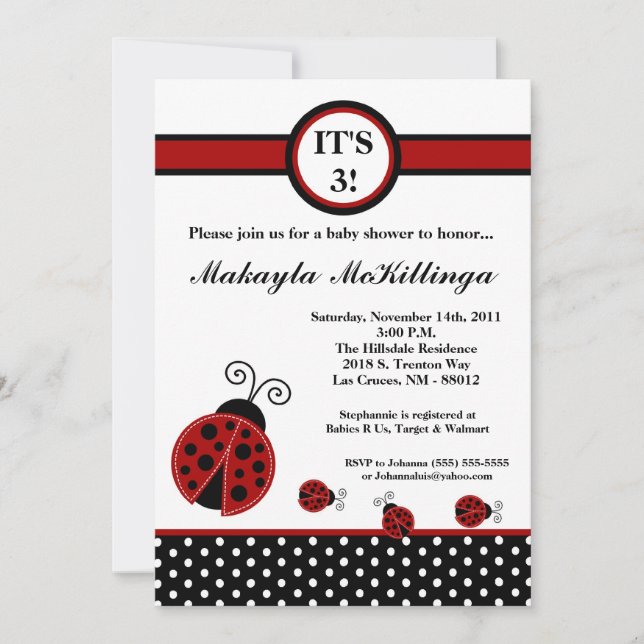 5x7 TRIPLETS Red Lady Bug Baby Shower Invitation (Front)