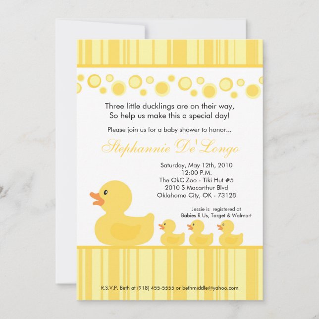 5x7 TRIPLETS Rubber Duck Baby Shower Invitation (Front)