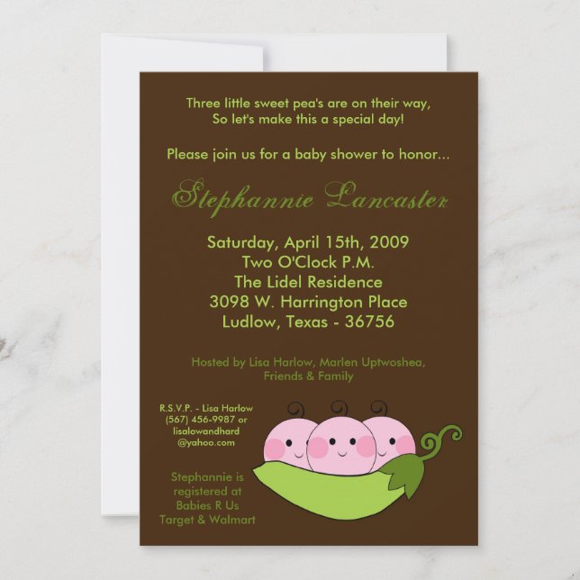 5x7 TRIPLETS Sweet Pea Pod Baby Shower Invitation (Front)