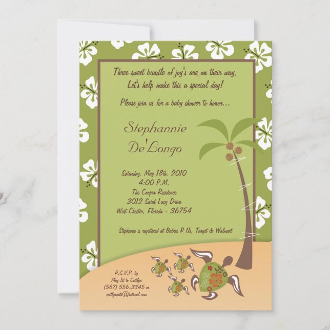 5x7 Tropical Turtle Mama TRIPLET Shower Invitation (Front)