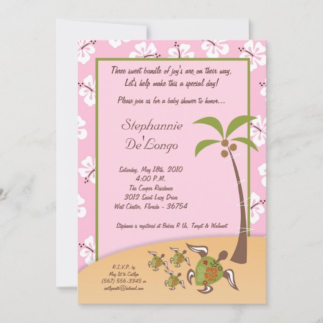 5x7 Tropical Turtle Mama TRIPLET Shower Invitation (Front)