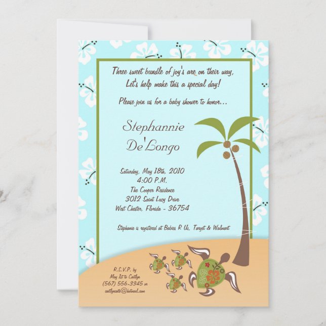 5x7 Tropical Turtle Mama TRIPLET Shower Invitation (Front)