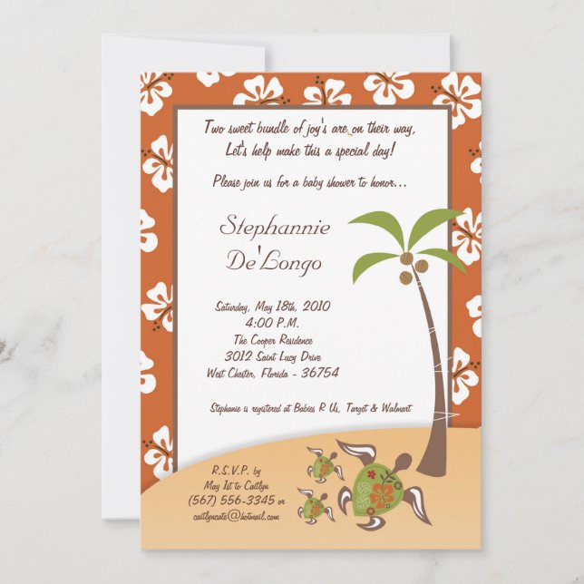 5x7 Tropical Turtle Mama TWINS Shower Invitation (Front)