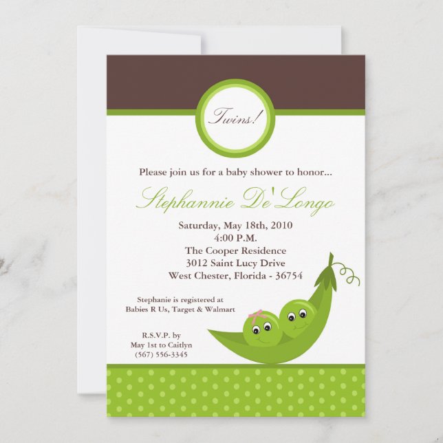 5x7 TWIN Boy Girl Peas Pod Baby Shower Invitation (Front)