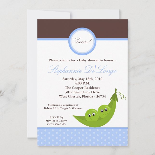 5x7 TWIN Boy Peas in Pod Baby Shower Invitation (Front)