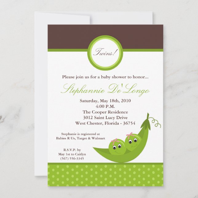 5x7 TWIN Girl Peas in Pod Baby Shower Invitation (Front)