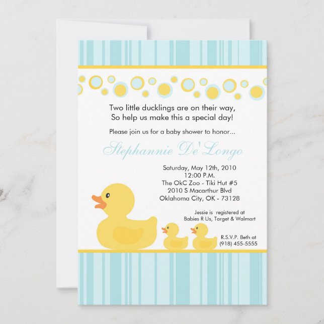 5x7 TWIN Yellow Rubber Duck Baby Shower Invitation (Front)