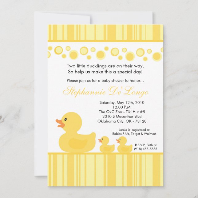 5x7 TWIN Yellow Rubber Duck Baby Shower Invitation (Front)