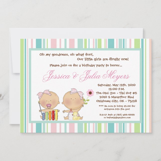 5x7 TWINS Girl Girly Birthday Party Invitation (Front)