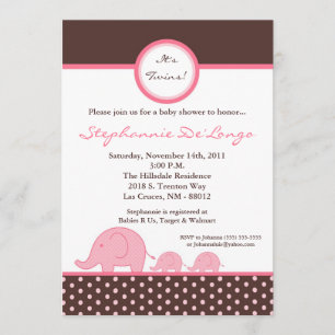 5x7 TWINS Mod Pink Elephant Baby Shower Invitation