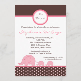 5x7 TWINS Mod Pink Elephant Baby Shower Invitation