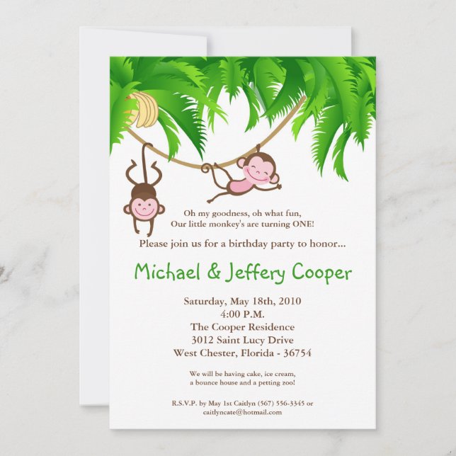 5x7 TWINS Monkey Jungle Birthday Party Invitation (Front)
