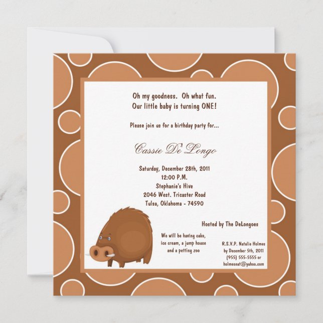 5x7 Warthog Pok-a-Dot Birthday Party Invite (Front)