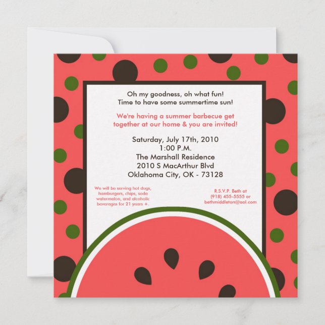 5x7 Watermelon Summer Picnic Barbecue Invitation (Front)