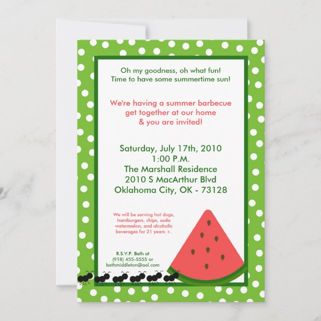 5x7 Watermelon Summer Picnic Barbecue Invitation (Front)