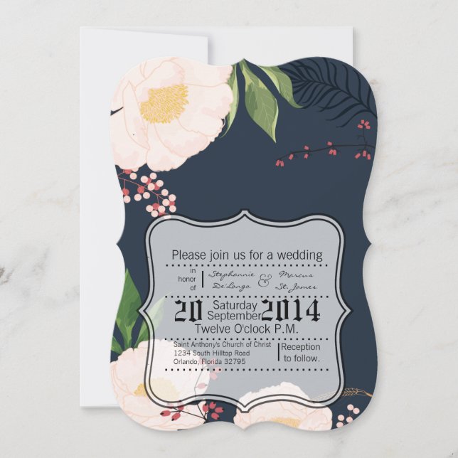 5x7 Wedding Invitation Baby Pink Cosmos on Navy (Front)