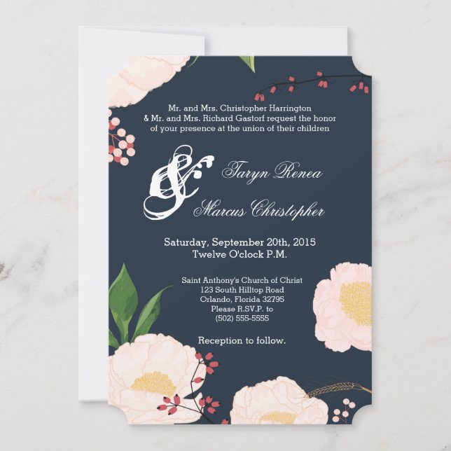 5x7 Wedding Invitation Baby Pink Cosmos on Navy (Front)