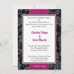 5x7 Wedding Invitation Black Floral Hot Pink Strip
