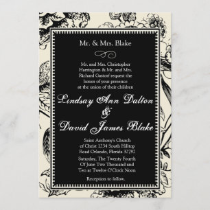 5x7 Wedding Invitation Black & White Floral Toile
