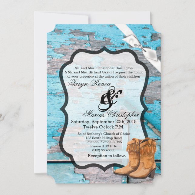 5x7 Wedding Invitation Blue Wood Barn Door Boots (Front)