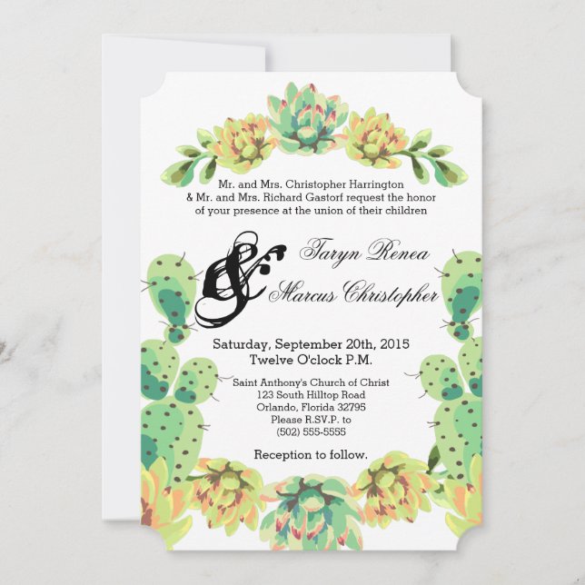 5x7 Wedding Invitation Bohemian Cactus Succulents (Front)