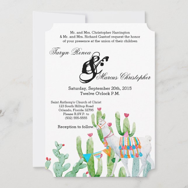 5x7 Wedding Invitation Boho Llama Bohemian Cacti D (Front)