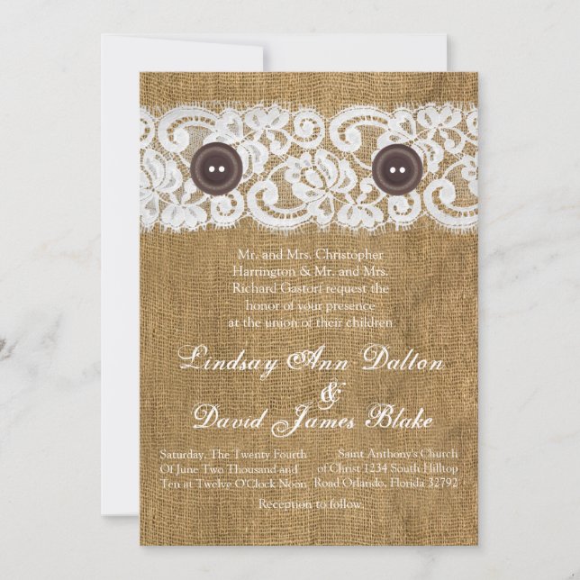 5x7 Wedding Invitation Button Burlap Lace (Front)
