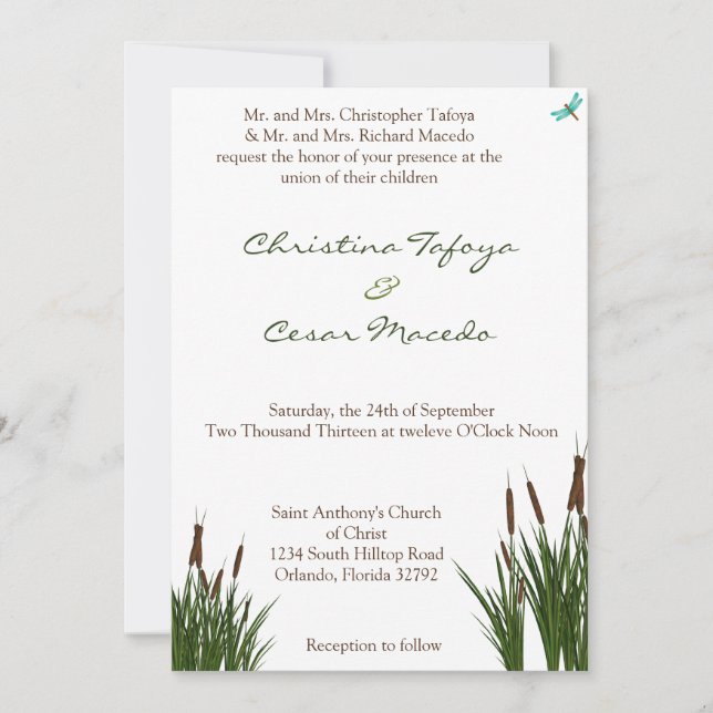 5x7 Wedding Invitation Cattail/Dragonfly in Colour (Front)