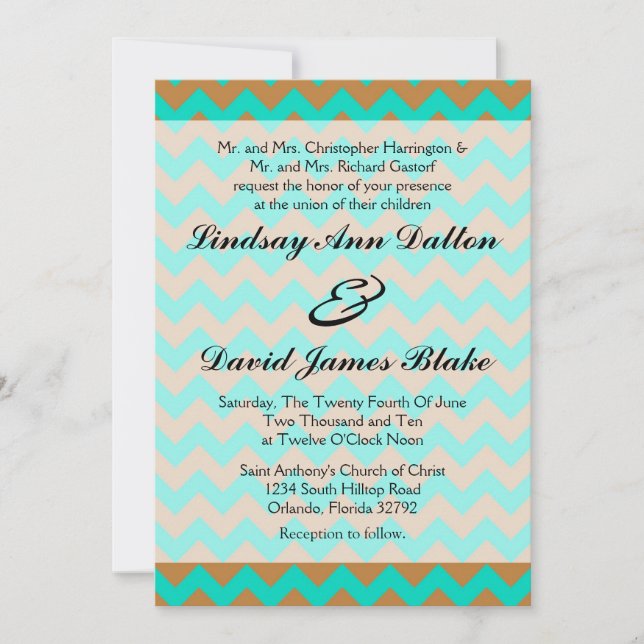 5x7 Wedding Invitation Chevron Brown & Seafoam (Front)