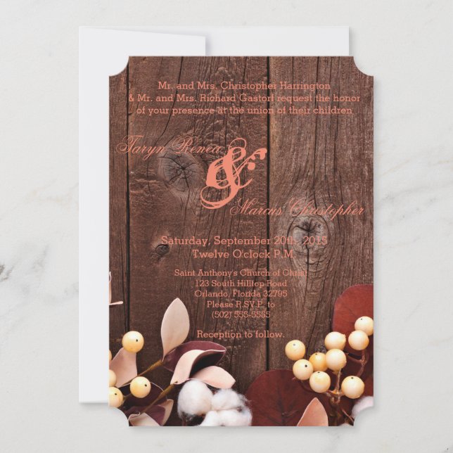 5x7 Wedding Invitation Cotton Branch on Dark Wood (Front)