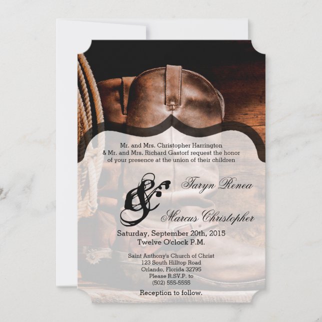 5x7 Wedding Invitation Cowboy Boots Barn Wood Rust (Front)