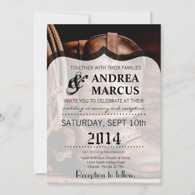 5x7 Wedding Invitation Cowboy Boots Barn Wood Rust (Front)