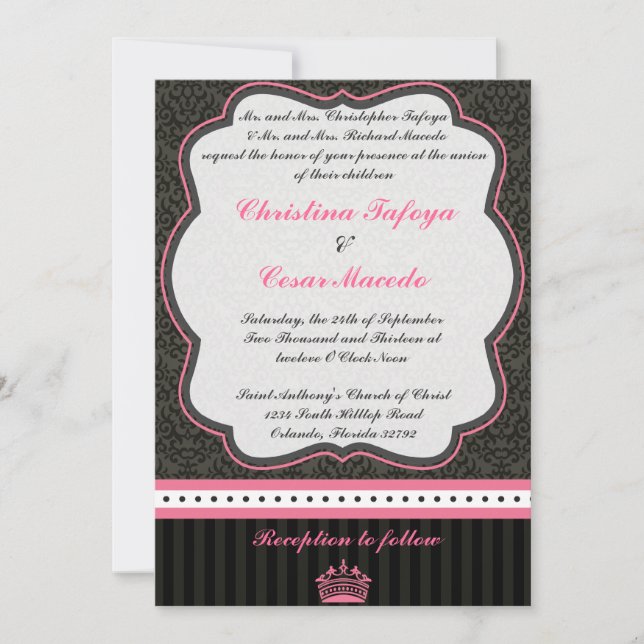 5x7 Wedding Invitation Damask/Stripes Pink Crown (Front)