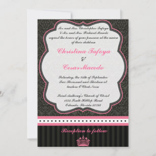 5x7 Wedding Invitation Damask/Stripes Pink Crown